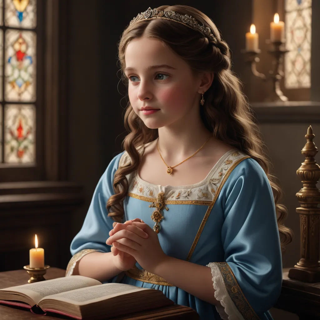 a young girl dressed in a blue dress holding a book and a candle in her hands while sitting at a table, gothic art, a photorealistic painting, Arthur Hughes, highly detailed digital painting