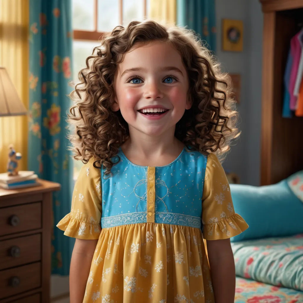 a little girl with curly hair wearing a yellow dress and smiling at the camera in a bedroom with blue curtains, photorealism, a photorealistic painting, Celia Fiennes, pixar and disney animation