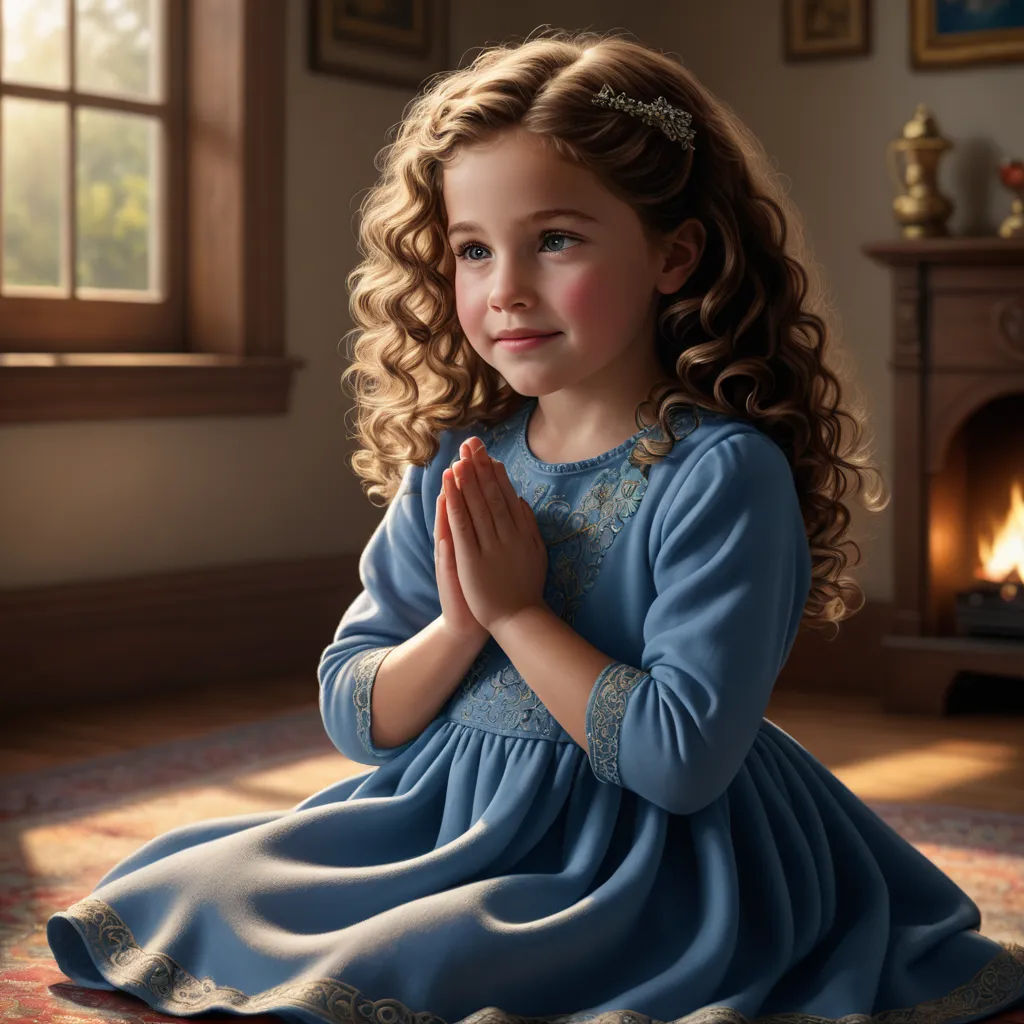 a painting of a little girl in a blue dress sitting in front of a fireplace with her hands folded, photorealism, a photorealistic painting, Bob Byerley, highly detailed digital painting