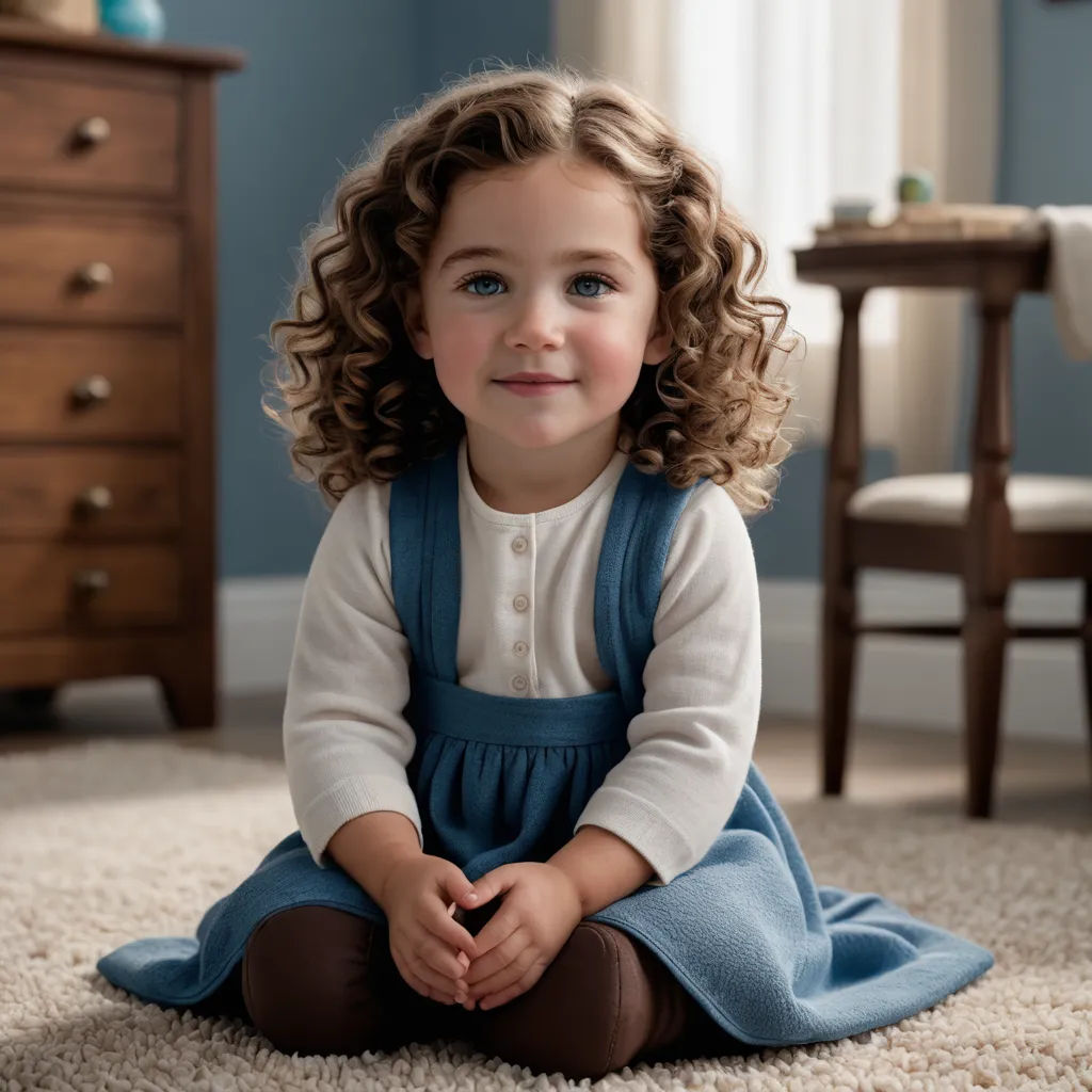 a little girl sitting on the floor in a room with a dresser and chair in the background and a blue wall, photorealism, a photorealistic painting, Caroline Lucy Scott, cute and adorable