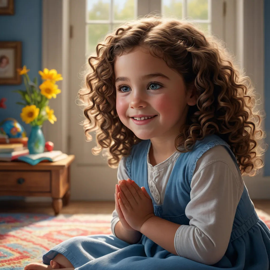 a little girl sitting on the floor with her hands folded in prayer and smiling at the camera with a blue wall and window behind her, photorealism, a photorealistic painting, Ella Guru, promotional image
