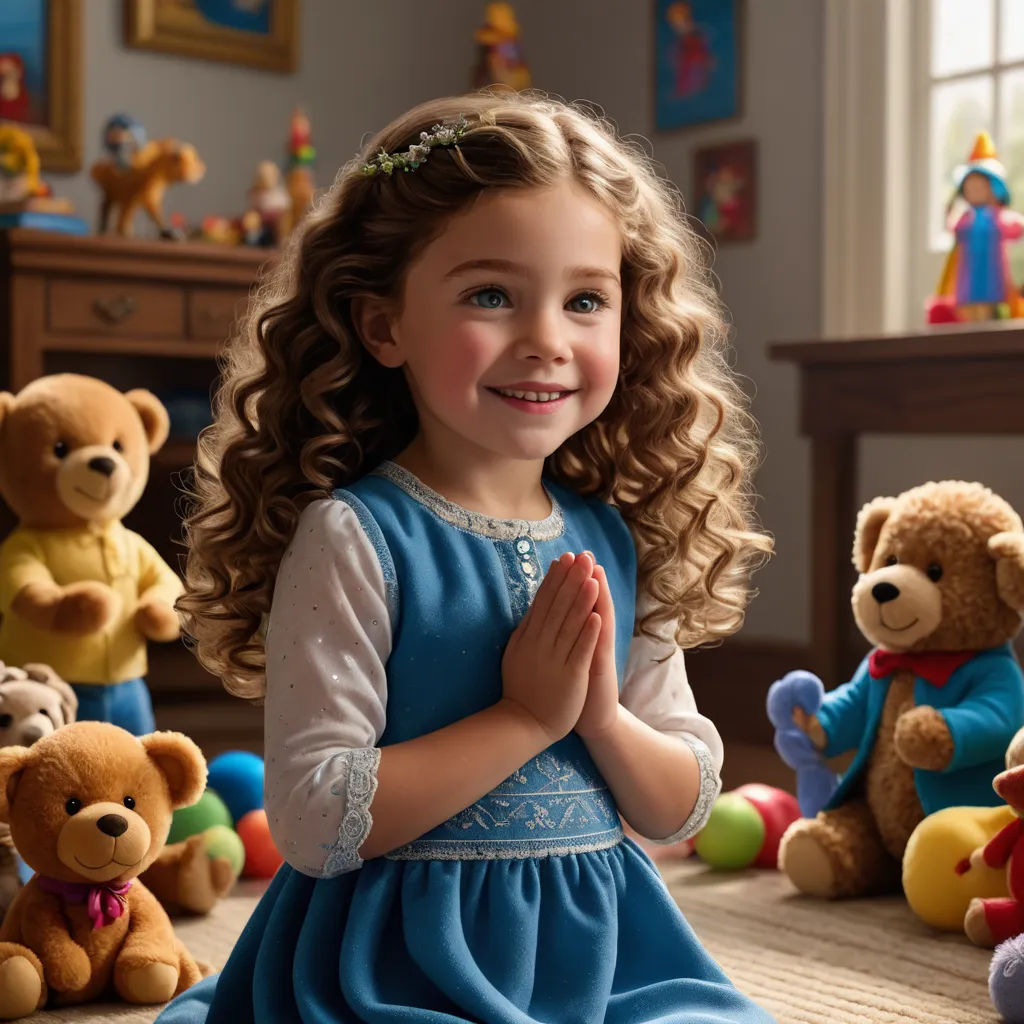 a little girl sitting in front of a bunch of teddy bears and clapping hands with her hands together in a room full of stuffed animals, naive art, a storybook illustration, Christabel Dennison, promotional image