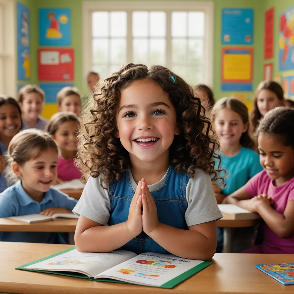 a girl sitting at a desk in front of a group of children in a classroom with their hands together, vancouver school, a stock photo, Art & Language, promotional image