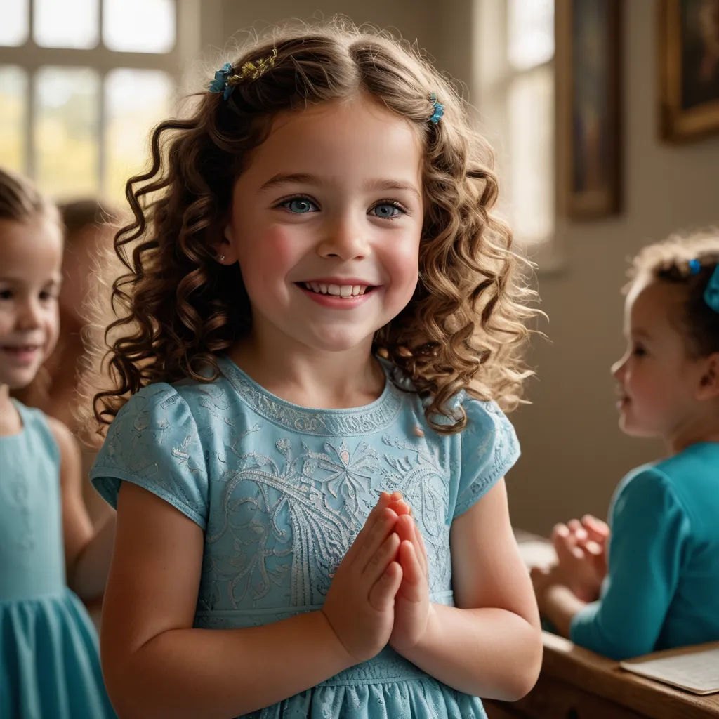 a little girl in a blue dress standing in front of a group of other girls in blue dresses and smiling, mannerism, a stock photo, Annabel Kidston, promotional image