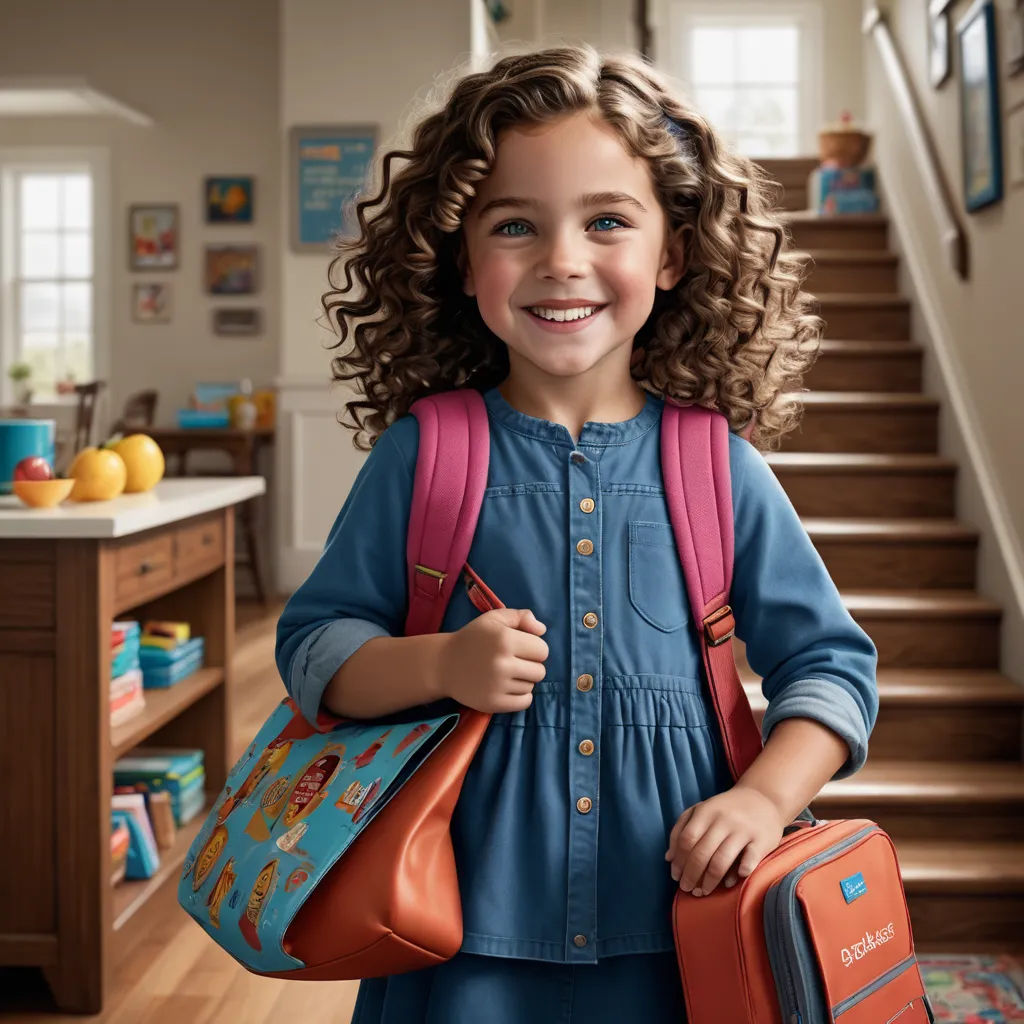 a little girl with a backpack and a suitcase smiles for the camera while standing in a hallway with stairs, photorealism, a stock photo, Evaline Ness, promotional image