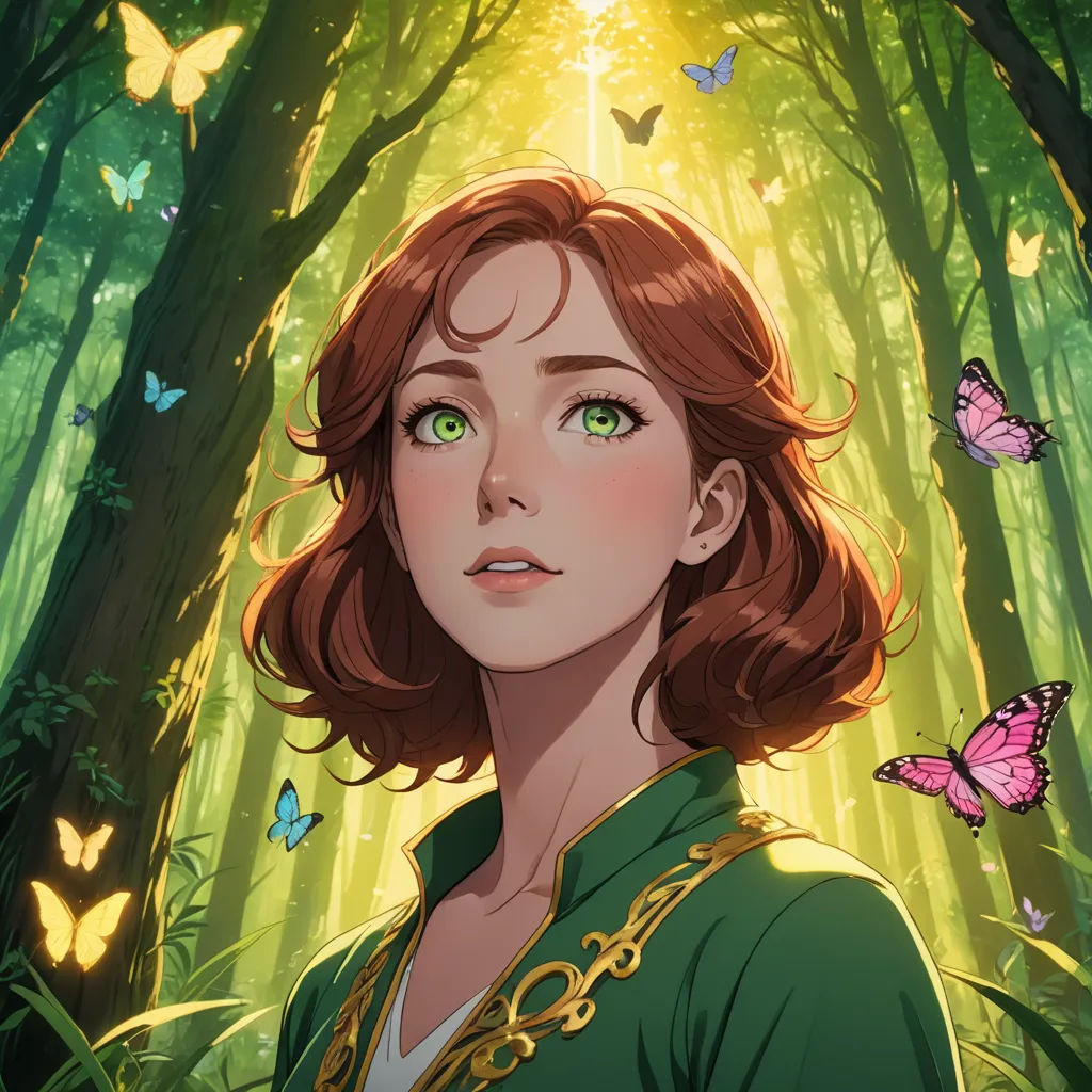 a woman in a green dress standing in a forest with butterflies flying around her and a butterfly in her hair, fantasy art, a character portrait, Charlie Bowater, rossdraws global illumination