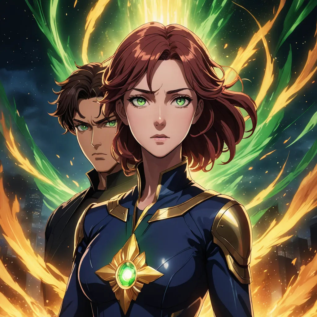 a woman in a blue suit standing next to a man in a green suit with a green light on his chest, rayonism, poster art, Artgerm, official art