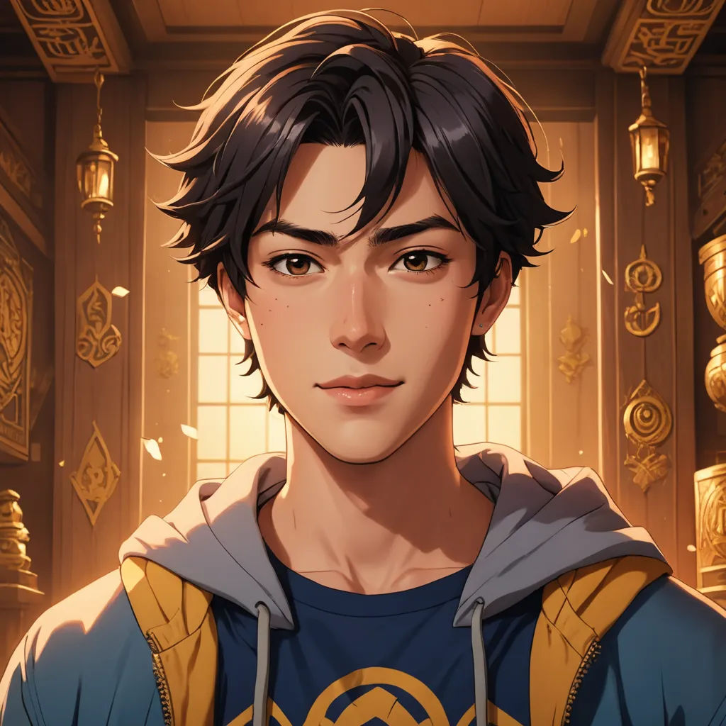 a man in a blue shirt and a yellow and black hoodie in a room with a window and a clock, sots art, a character portrait, Dai Jin, rossdraws global illumination