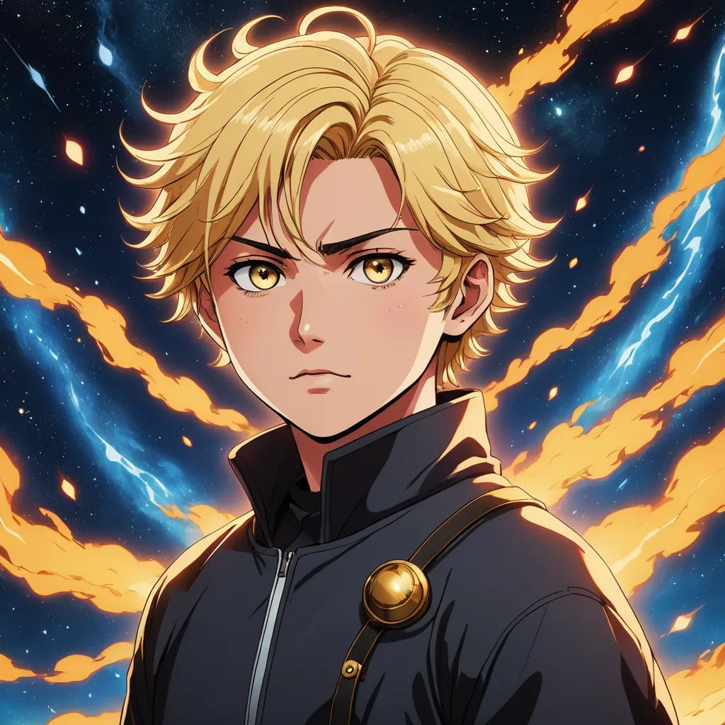 a man with blonde hair and a black jacket in front of a blue sky with clouds and stars and a yellow light, space art, a character portrait, Cedric Seaut (Keos Masons), official art