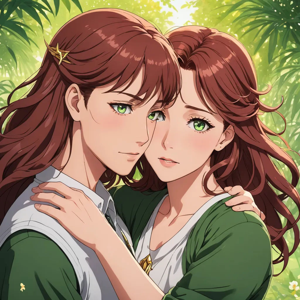 a couple of people that are hugging each other in front of some trees and plants with green eyes and long hair, romanticism, a character portrait, Anne Said, official art