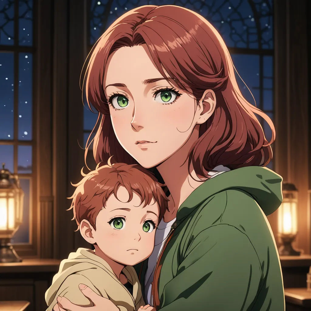 a woman holding a child in her arms in front of a window at night with stars on the sky, remodernism, a character portrait, Anne Said, official art