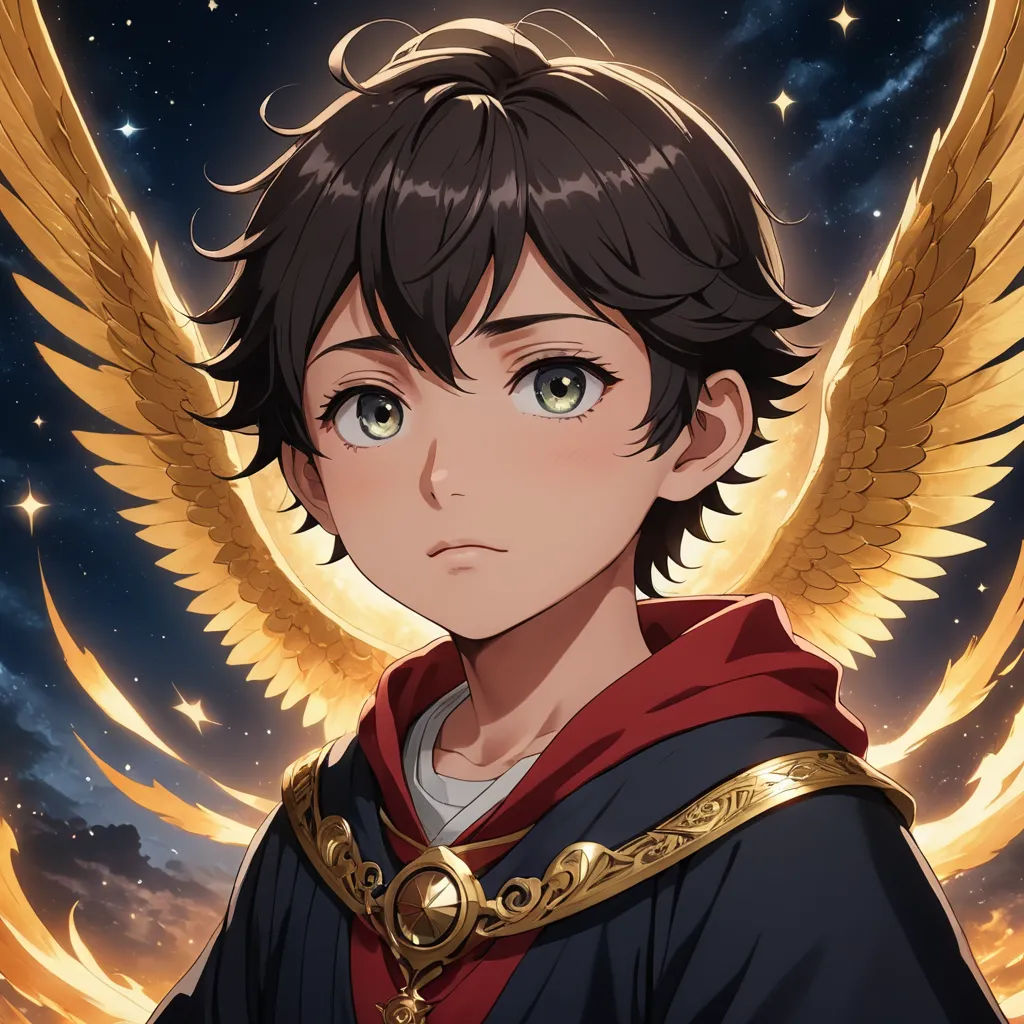a anime character with wings and a red cape on his head, staring at the camera with a blue sky in the background, sots art, a character portrait, Adam Manyoki, official art