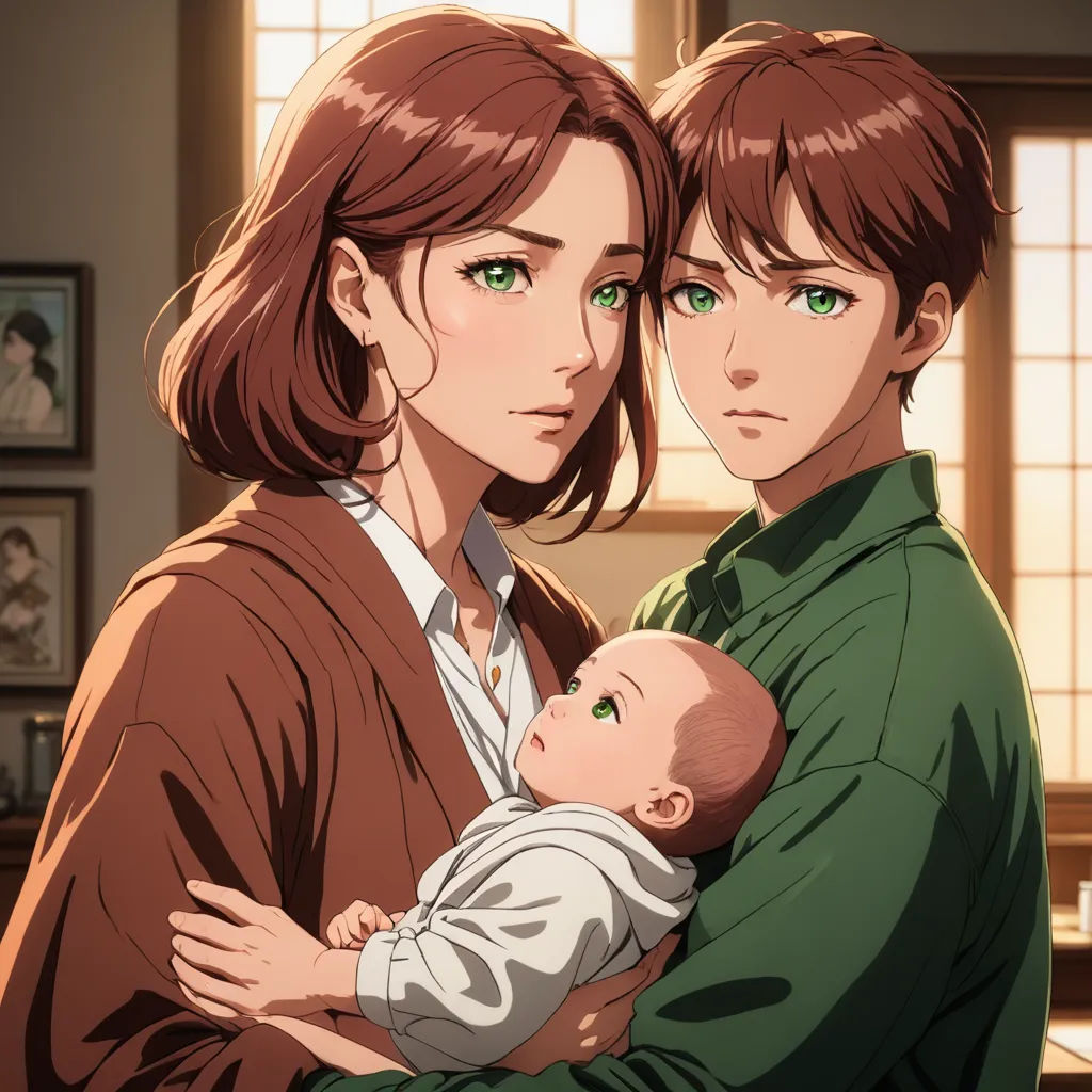 a woman holding a baby in her arms and a man holding a baby in his arms in front of a window, sots art, concept art, Ayami Kojima, official art