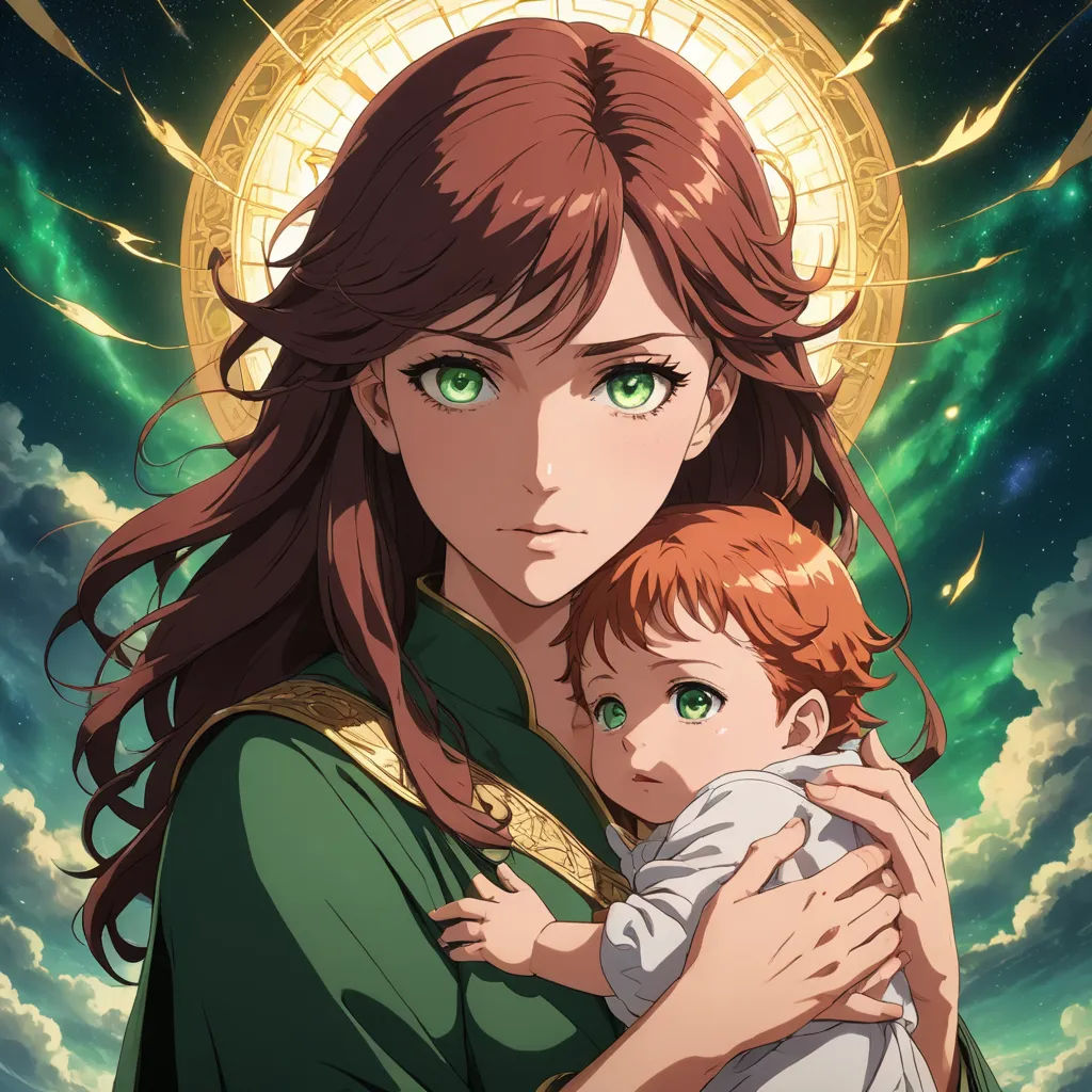 a woman holding a child in her arms with a sky background behind her and clouds in the background with a halo, rayonism, poster art, Ayami Kojima, anime key visual