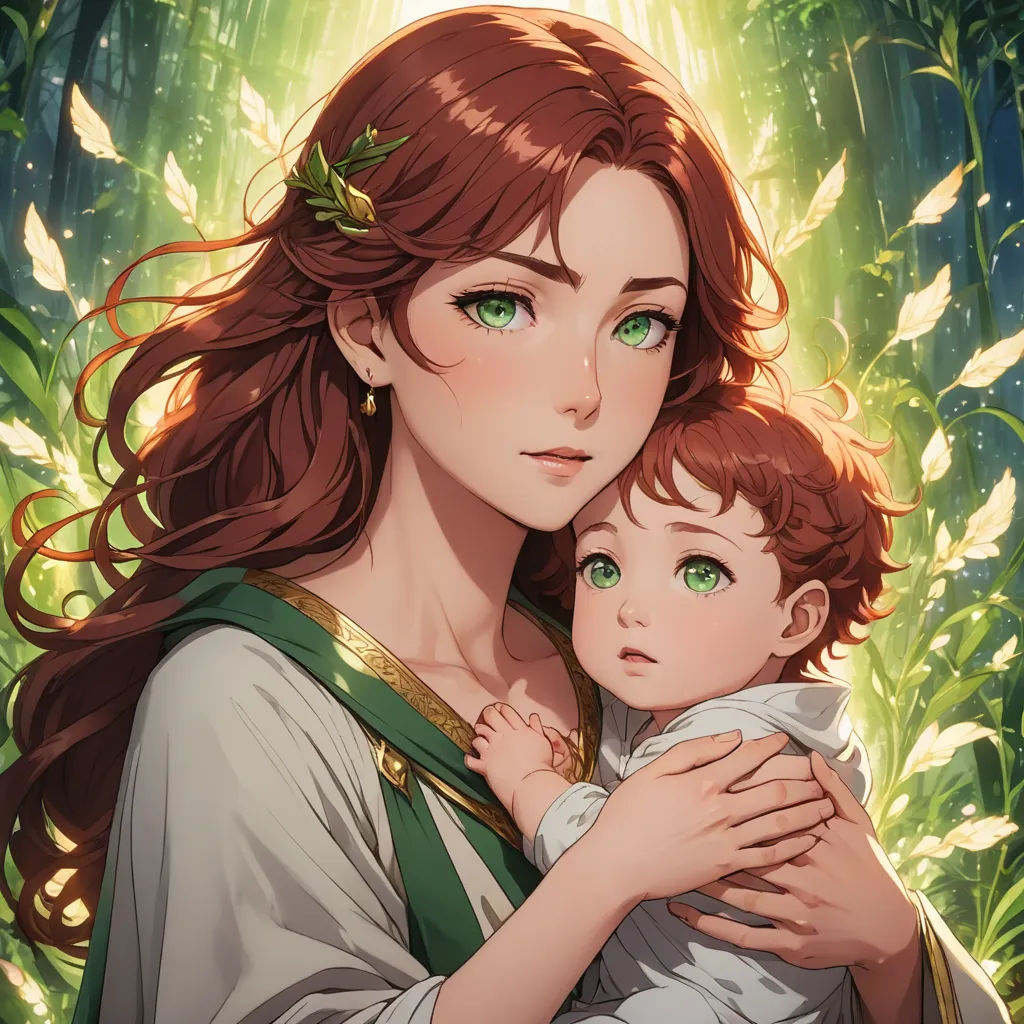 a woman holding a child in her arms in a forest with leaves on her head and green eyes and a green dress, fantasy art, a storybook illustration, Anne Said, cushart krenz