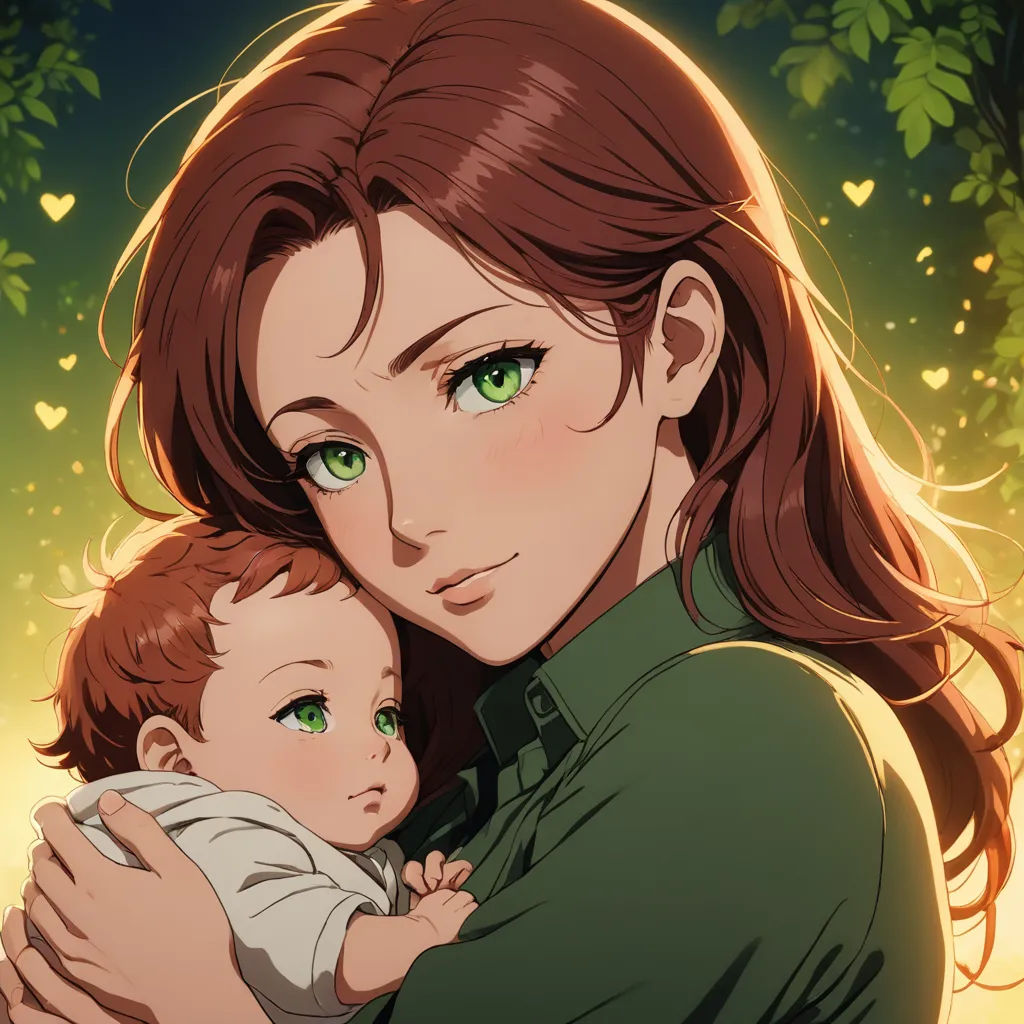 a woman holding a baby in her arms with green eyes and a green shirt on her shoulders, and a tree in the background, sots art, a storybook illustration, Clarice Beckett, official art