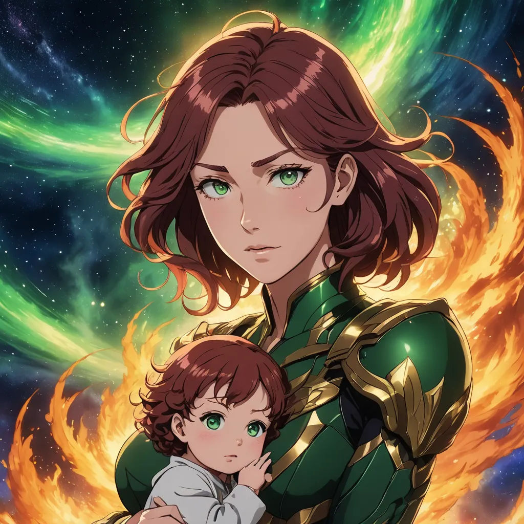 a woman holding a child in front of a fire and stars background with a green and yellow background and a green and yellow background, fantasy art, a character portrait, Ayami Kojima, official art