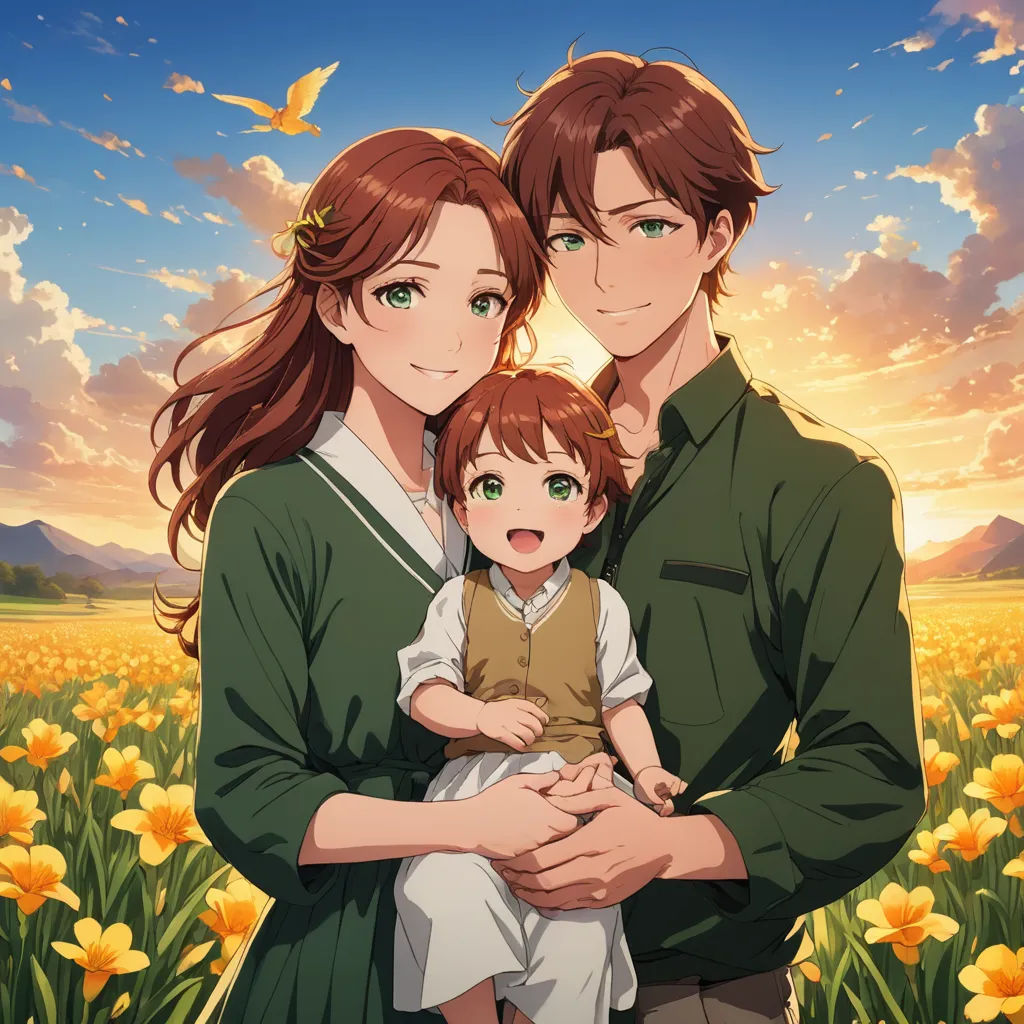 a man and woman holding a child in a field of flowers with a bird flying overhead in the sky, rayonism, a stock photo, Anne Said, official art