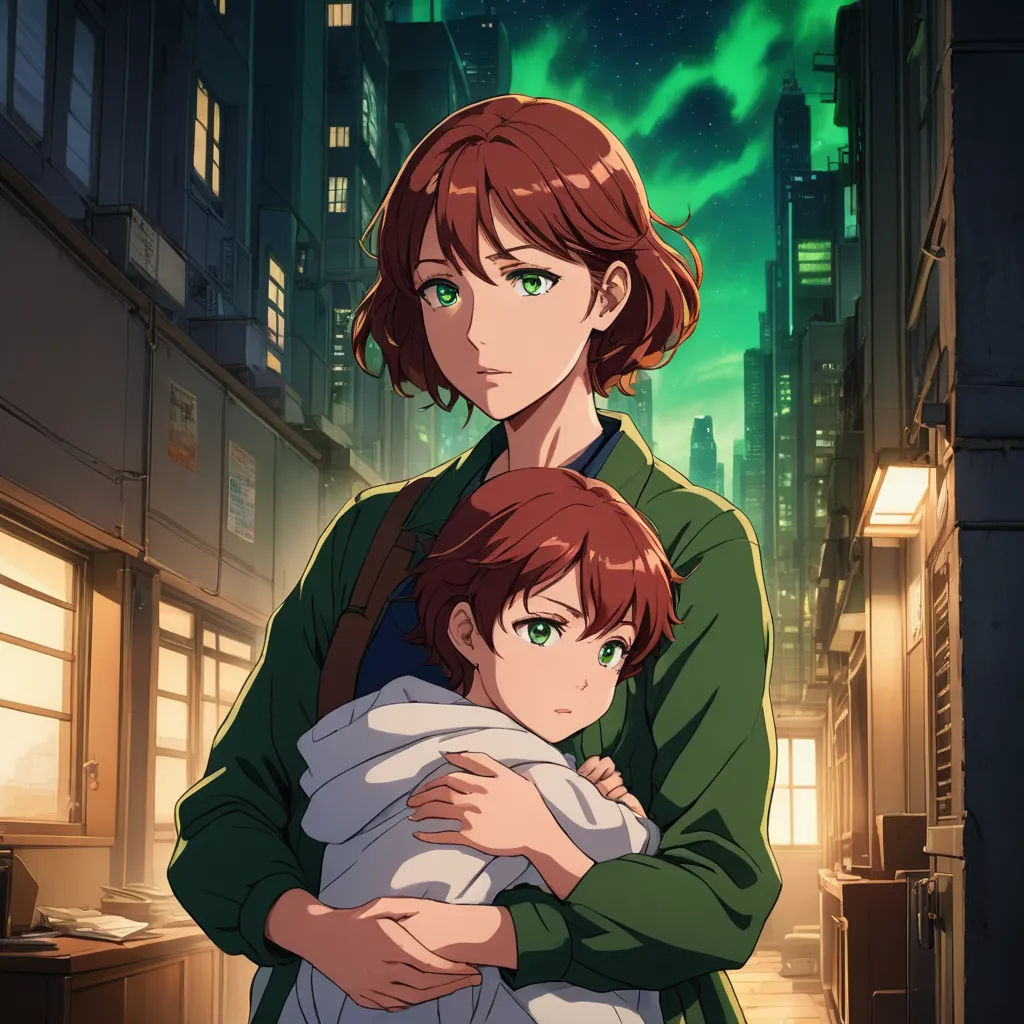 a woman holding a child in a city at night with a green sky in the background and a green - lit building, sots art, poster art, Anne Said, official art
