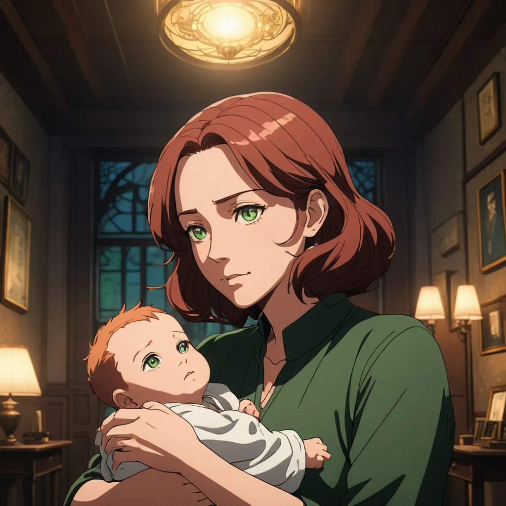 a woman holding a baby in a room with a light on above her head and a lamp above her head, classical realism, a character portrait, Clarice Beckett, official art