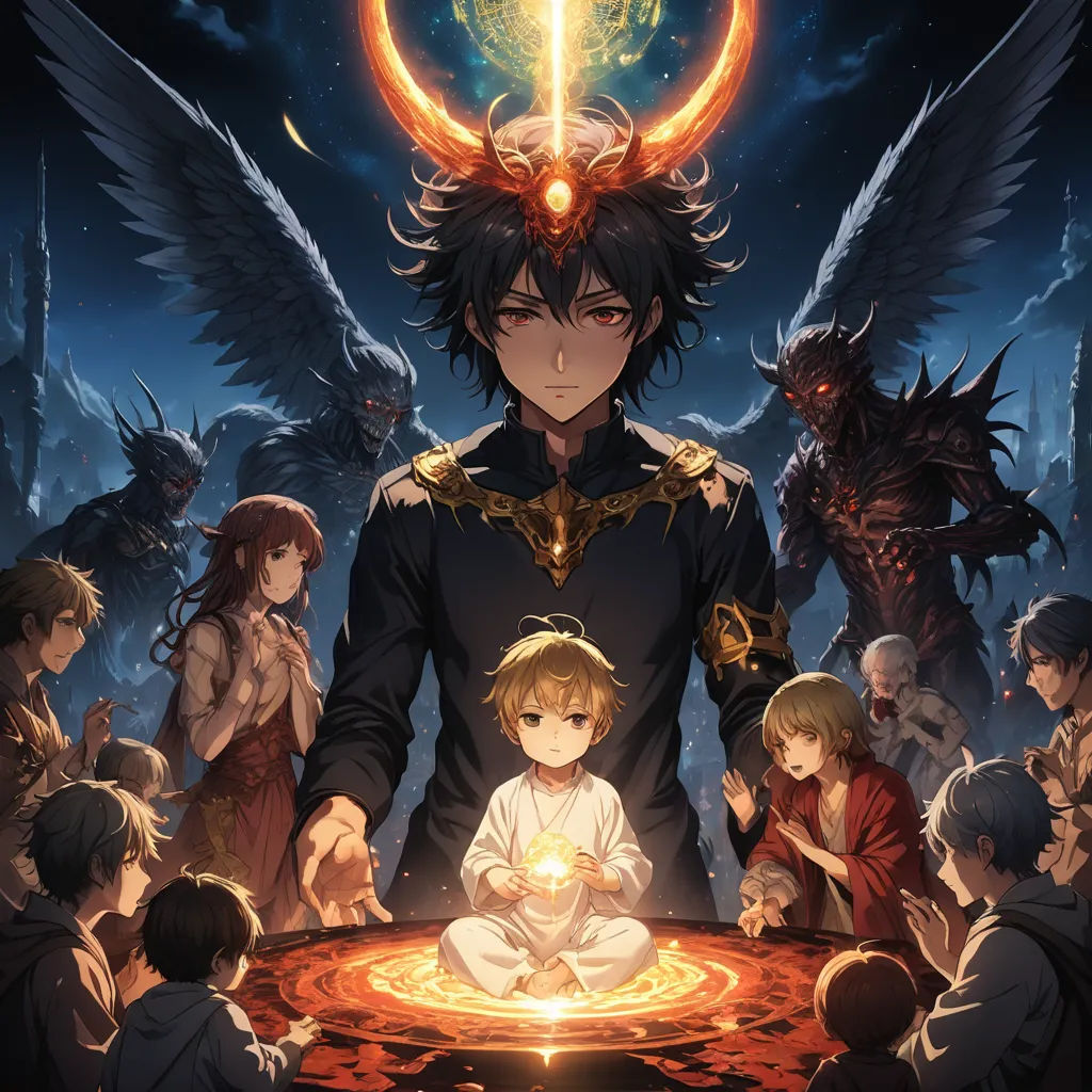 a group of people sitting around a table with a demon on it and a demon on the top of the table, rayonism, poster art, Ayami Kojima, anime key visual