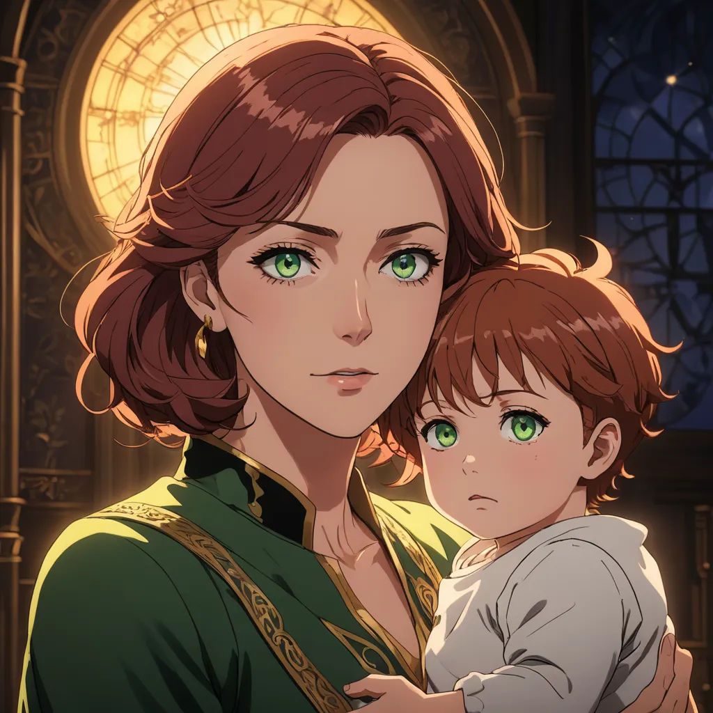 a woman holding a child in front of a window with a stained glass window behind her and a stained glass window behind her, gothic art, a character portrait, Anne Said, official art