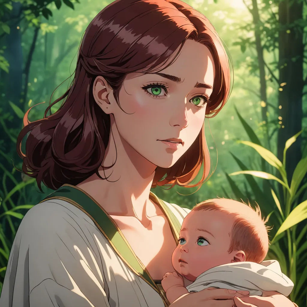 a woman holding a baby in her arms in a forest with green leaves on the trees and grass behind her, fantasy art, concept art, Anne Said, cushart krenz