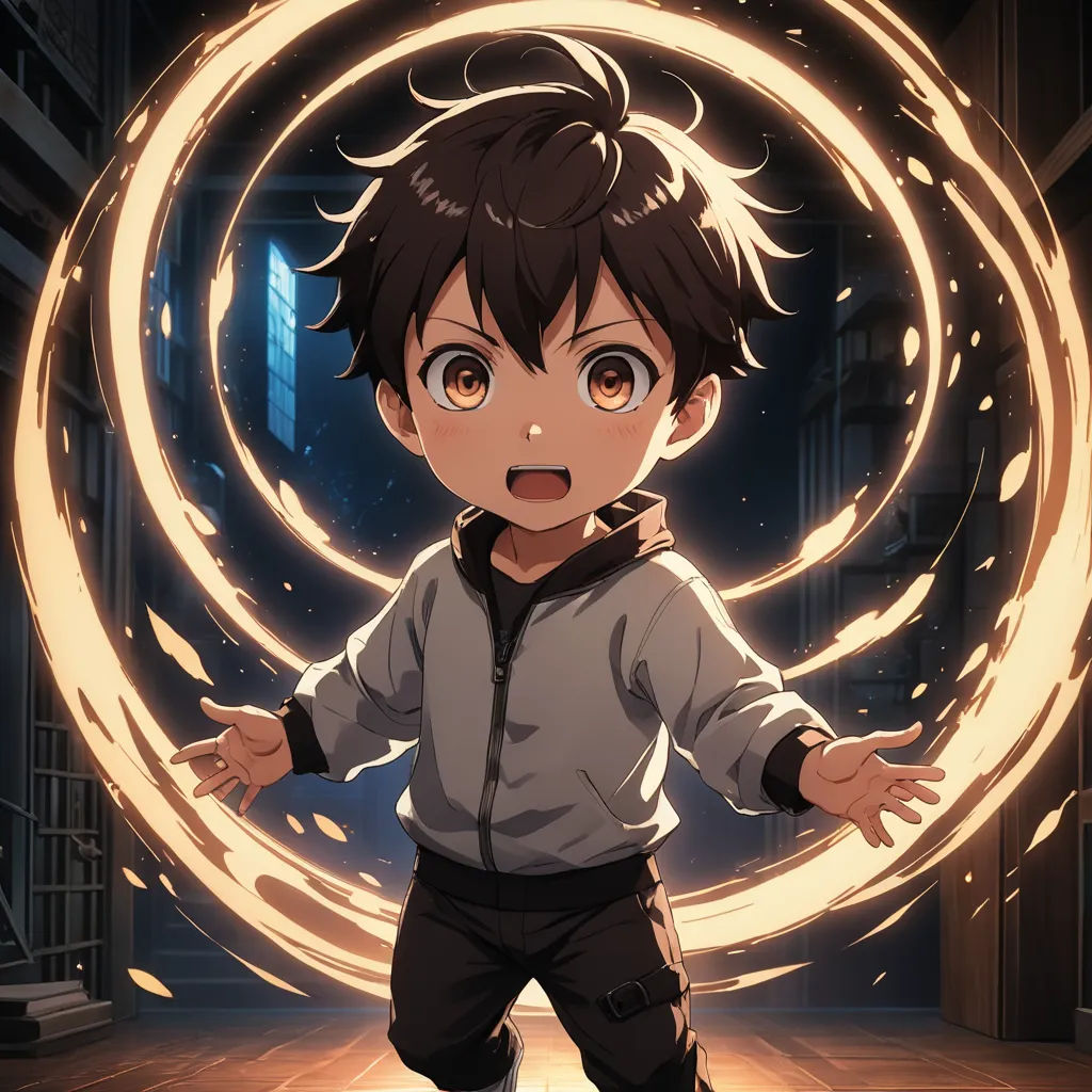 a boy in a white shirt and black pants standing in front of a circular object with his hands out, shock art, concept art, Adam Manyoki, official art