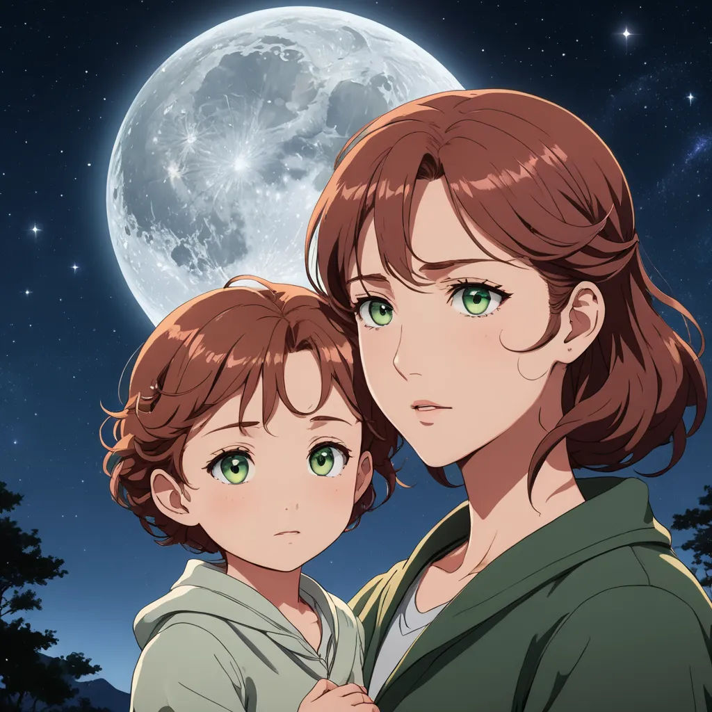 a couple of people standing in front of a full moon with trees in the background and a full moon in the sky, space art, poster art, Anne Said, official art