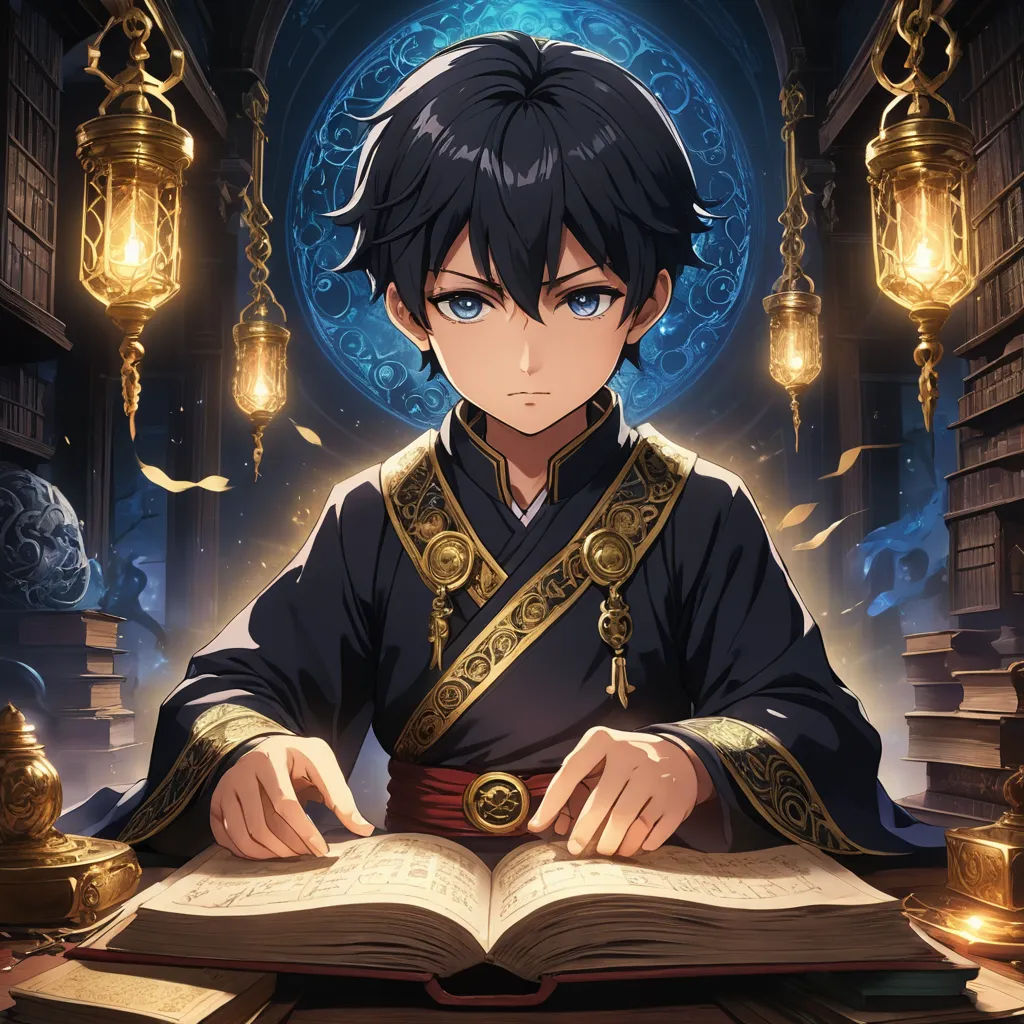 a man in a black outfit sitting at a table with an open book in front of him and a lamp in the background, vanitas, concept art, Chen Hong, official art