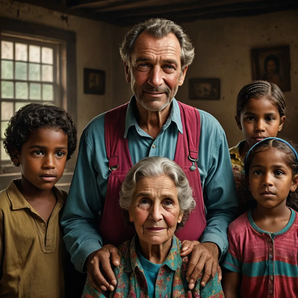 a man standing between two children and an older woman in a room with windows and a painting on the wall, magical realism, a poster, Diego Gisbert Llorens, promotional image