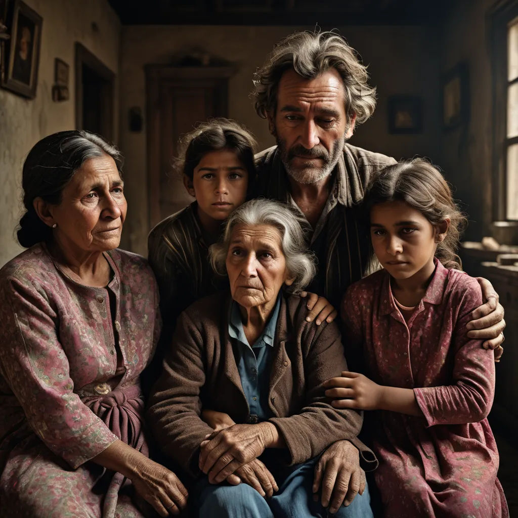a man and two women and a child are sitting together in a room with a window and a man is standing behind them, serial art, a poster, Diego Gisbert Llorens, cinematic photography