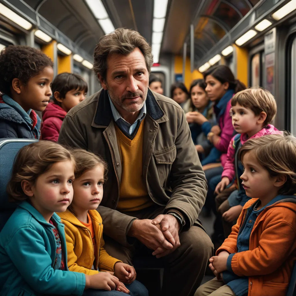 a man sitting on a train with a bunch of children on the train behind him and a woman standing next to him, magical realism, a poster, Diego Gisbert Llorens, movie still