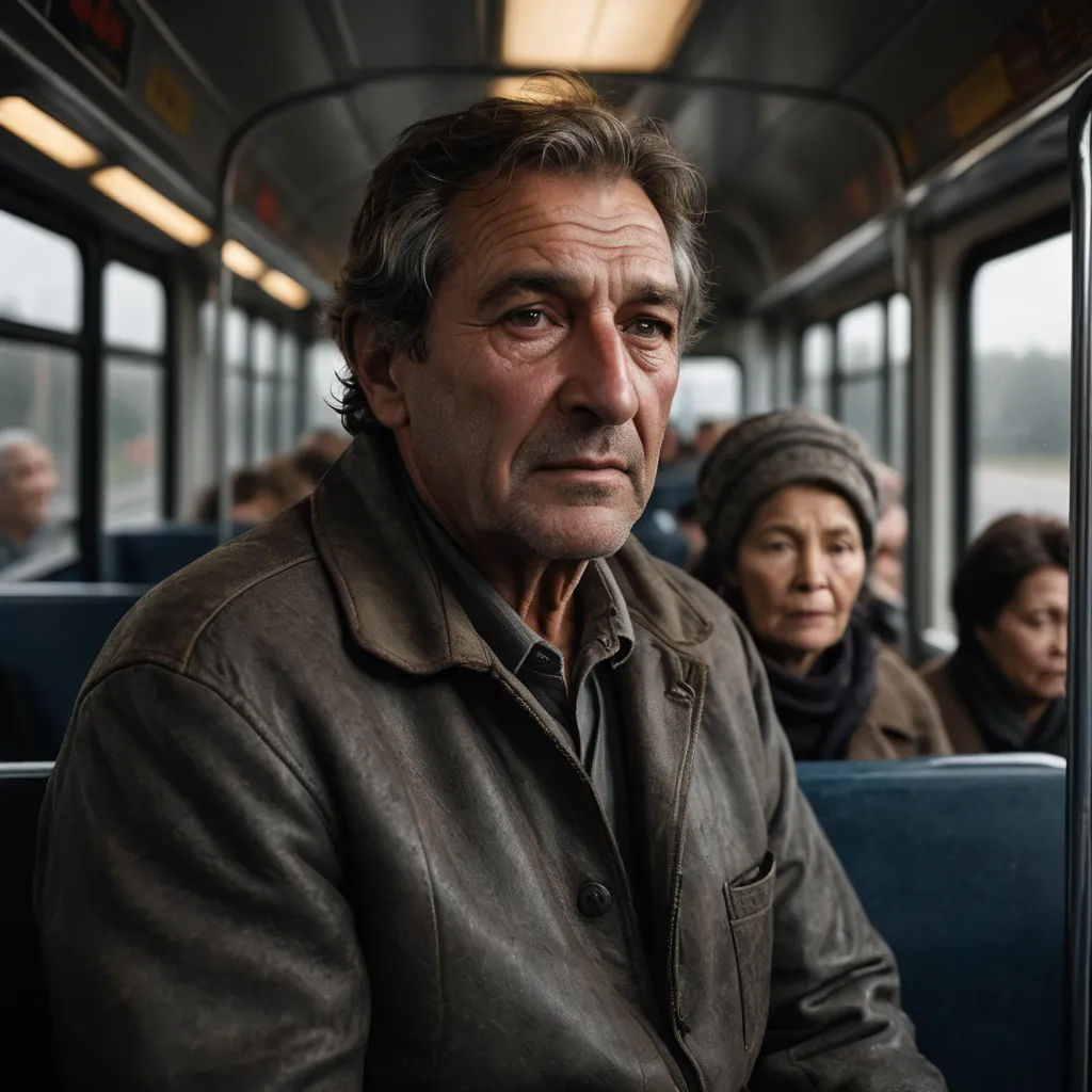 a man sitting on a bus with people in the background looking on from the seats and looking at the camera, figuration libre, a poster, David Annand, cinematic photography