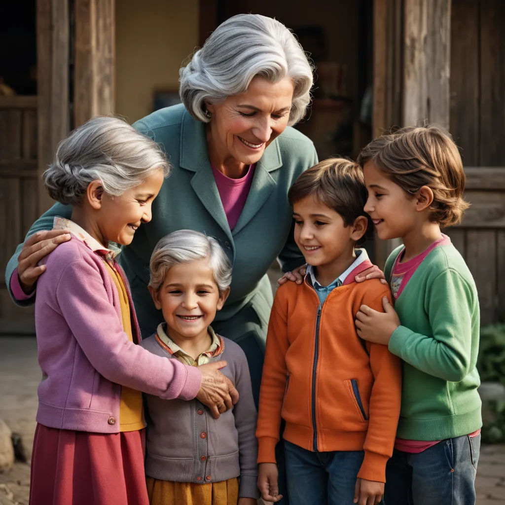 a woman with her arms around a group of children and a woman in a green jacket and orange top, magical realism, a stock photo, Celia Fiennes, promotional image