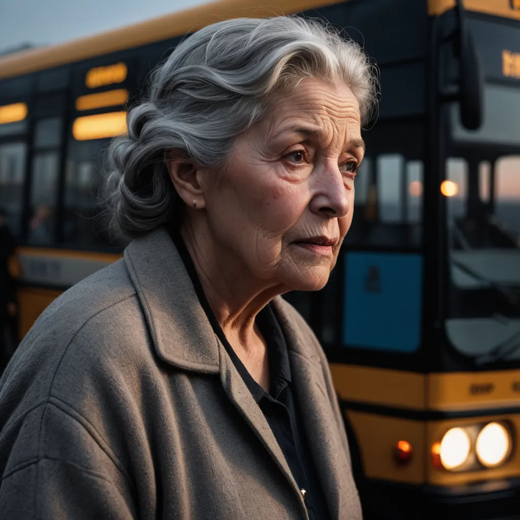 a woman standing in front of a bus at dusk with a bus in the background and a person standing in front of the bus, hyperrealism, a character portrait, Eva Gonzalès, promotional image