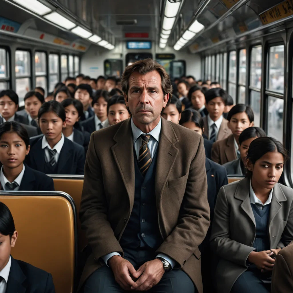 a man in a suit and tie sitting on a bus with other people in the background, all looking at the camera, magical realism, a photo, David Annand, movie still