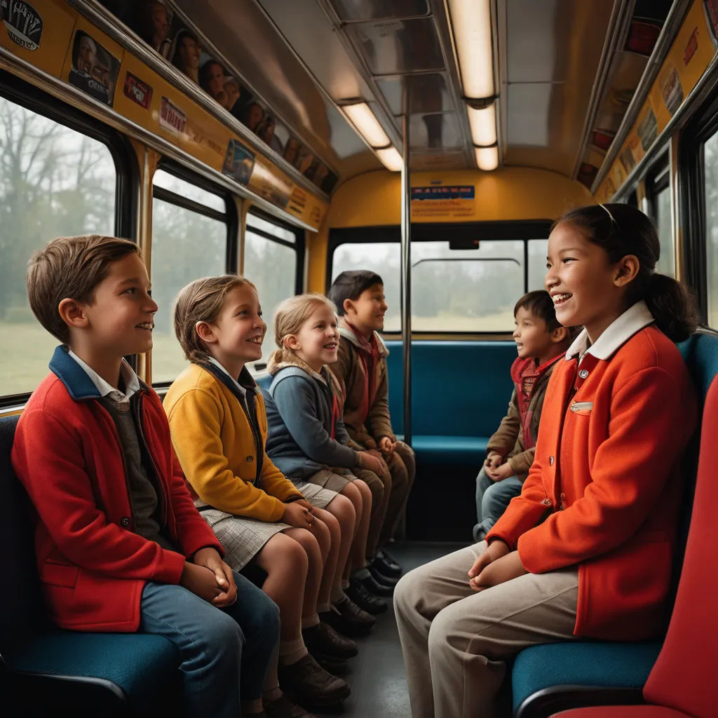 a group of children sitting on a bus together smiling and laughing at each other's sides of the bus, heidelberg school, a stock photo, Claire Dalby, promotional image