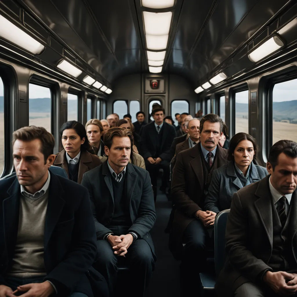 a group of people sitting on a train next to each other in suits and ties, all looking at the camera, institutional critique, a renaissance painting, David Budd, vfx