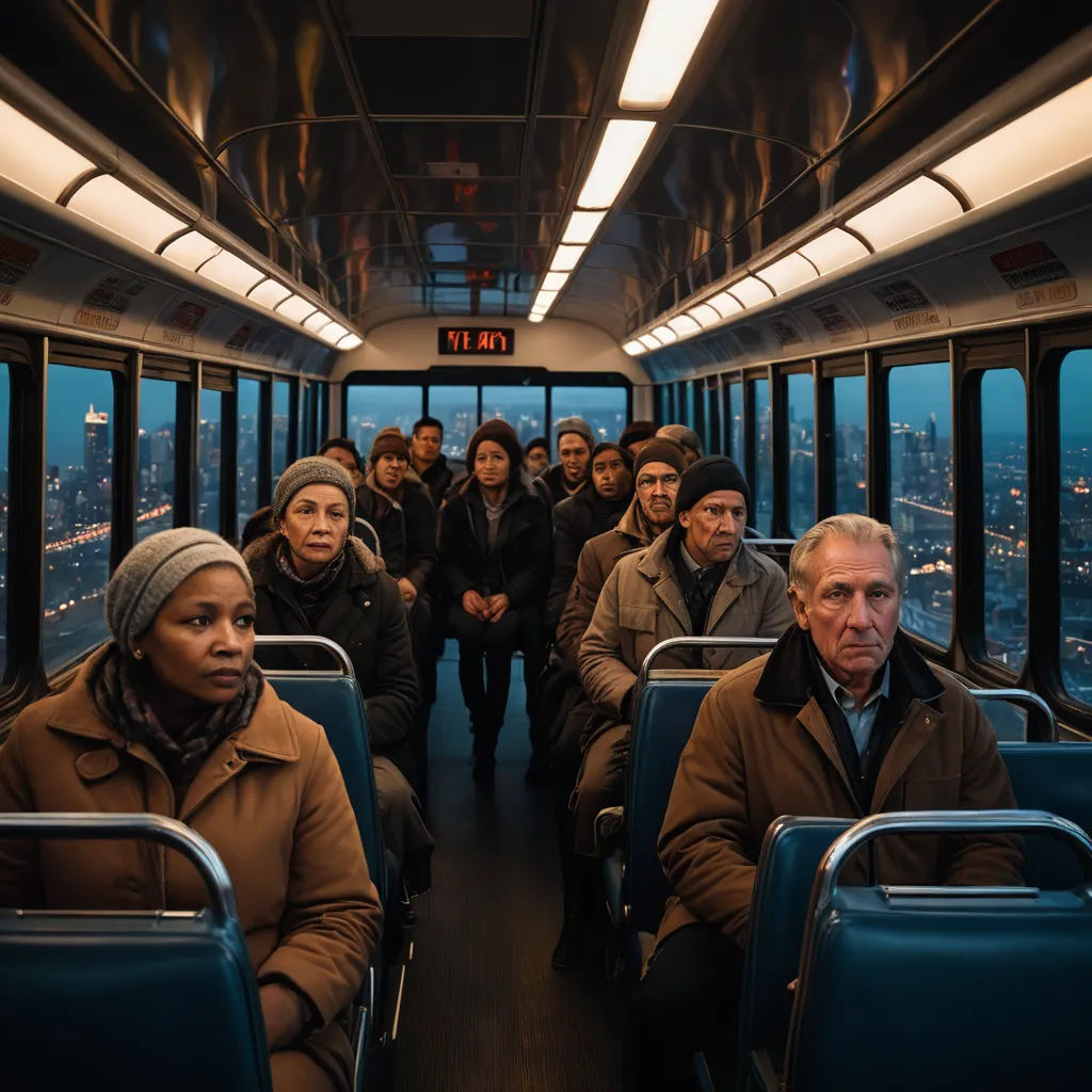 a group of people riding on a bus at night time with the lights on and the windows open and the people standing on the bus, neoism, a photo, Arie Smit, cinematic photography