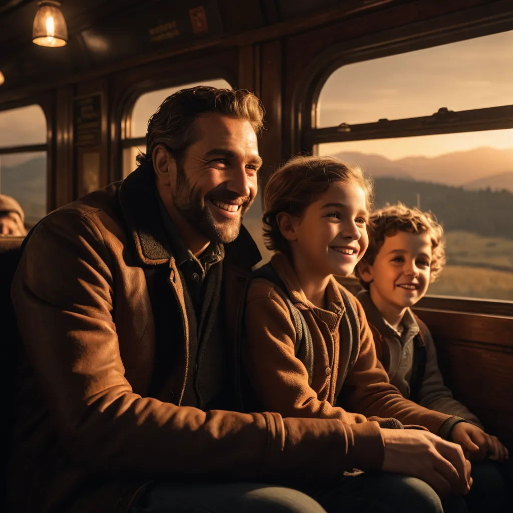 a man and two children are sitting on a train together smiling at the camera while the sun is setting, magical realism, poster art, Cliff Childs, promotional image