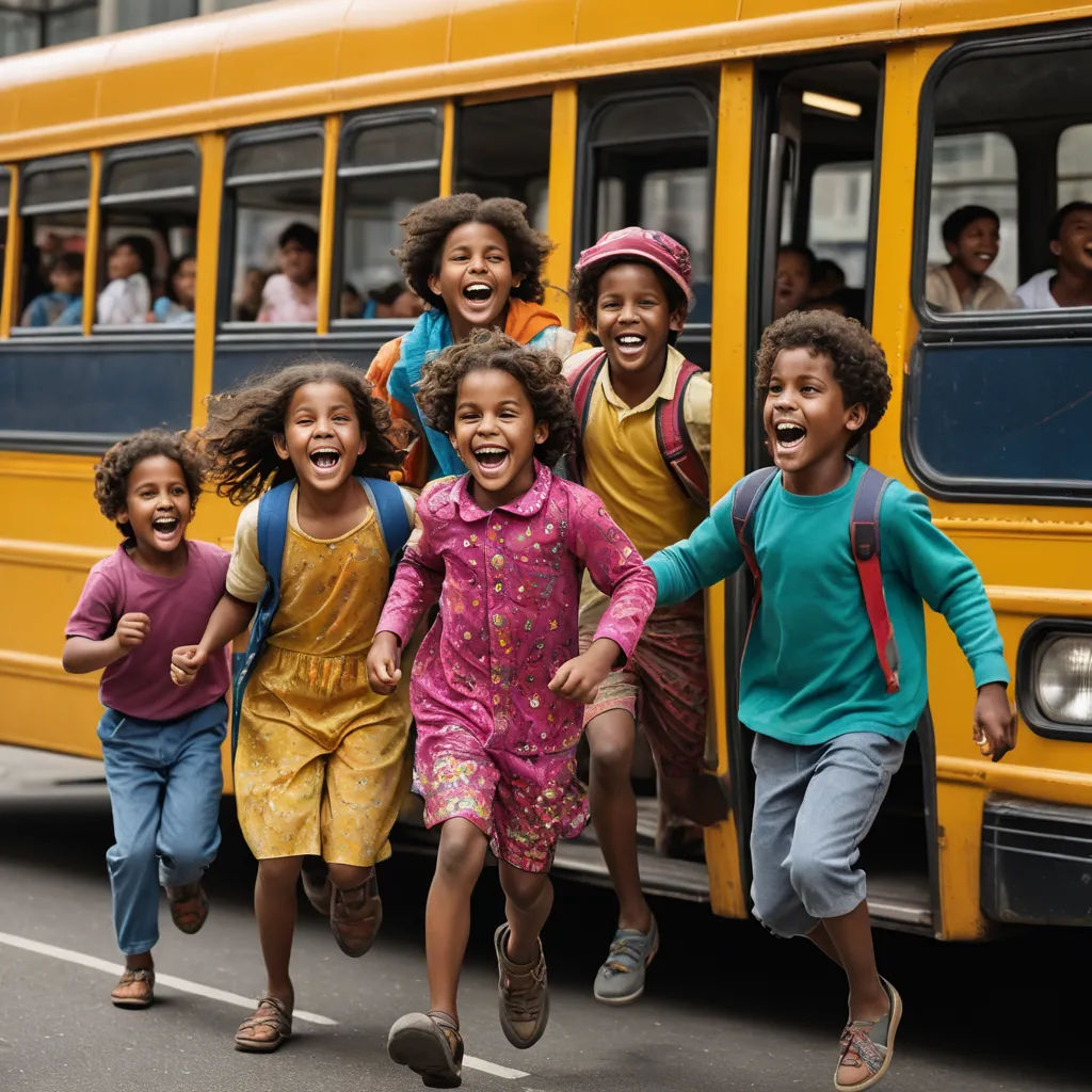a group of children running towards a school bus with their arms in the air and smiling at the camera, heidelberg school, a stock photo, Daniel Lieske, promotional image