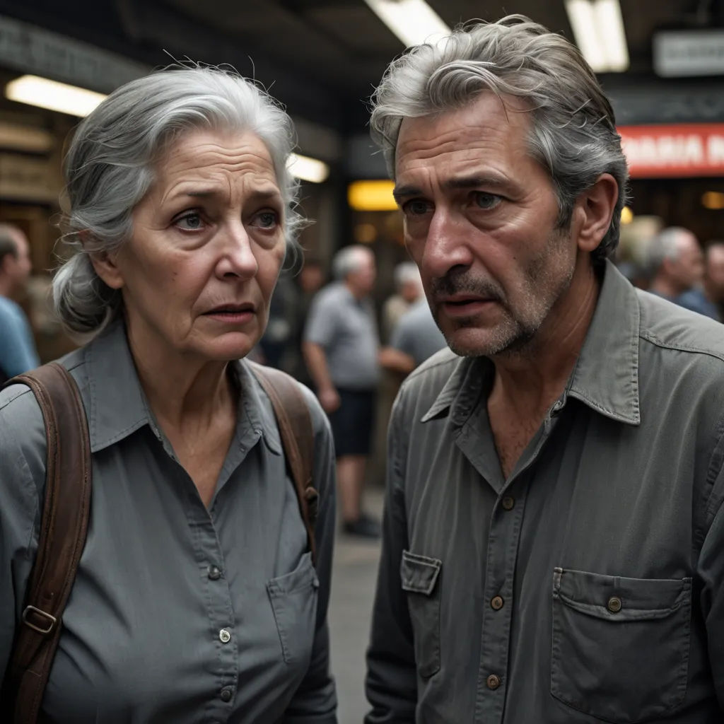 a man and a woman standing next to each other in a crowd of people in a train station,, les automatistes, a character portrait, David Annand, promotional image