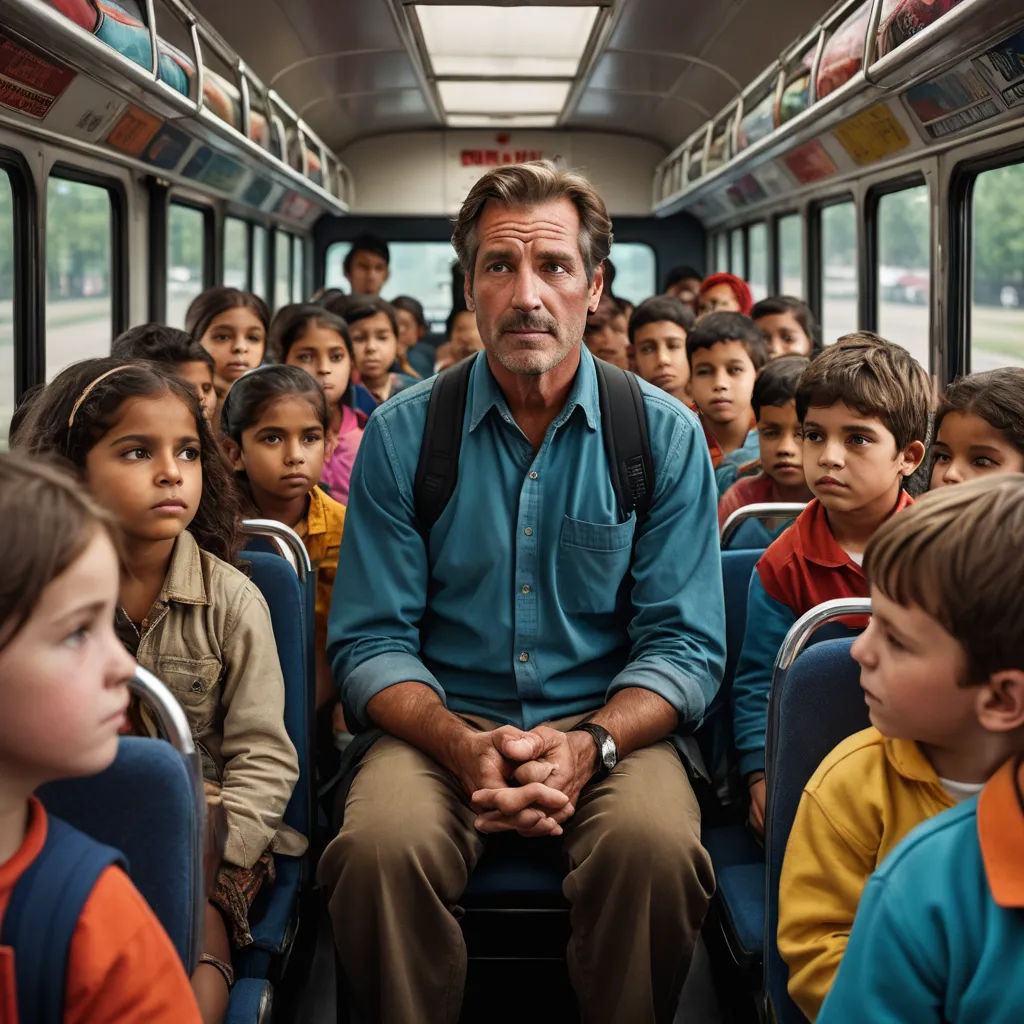 a man sitting on a bus surrounded by children in the bus seat, with a backpack on his shoulder, magical realism, a poster, Diego Gisbert Llorens, movie still