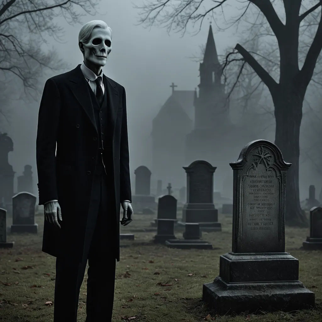 a man in a suit and skeleton mask standing in a graveyard with a cemetery in the background and a cemetery with tombstones, gothic art, a character portrait, Dirk Crabeth, promotional image