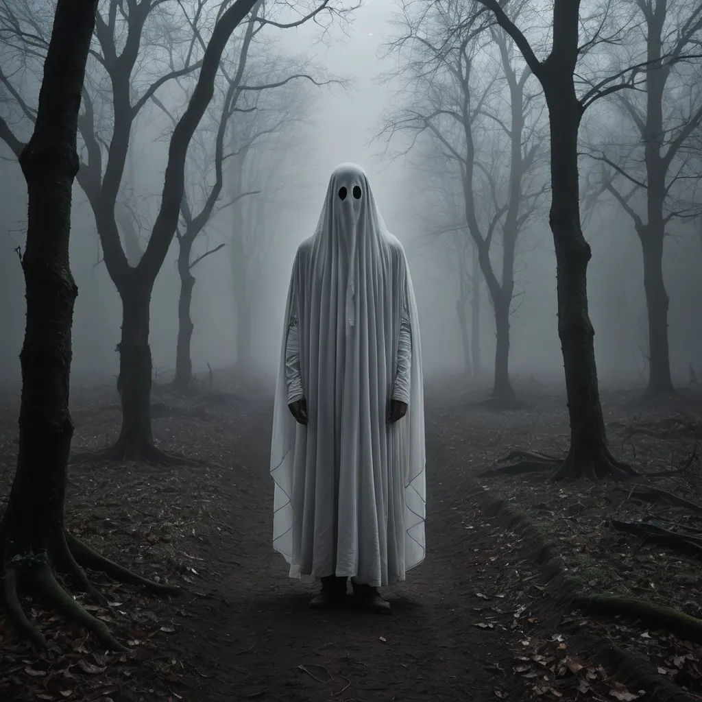 a ghost in a white robe standing in a forest with trees and fog in the background, with a creepy face on his face, art photography, a character portrait, Dirk Crabeth, haunting