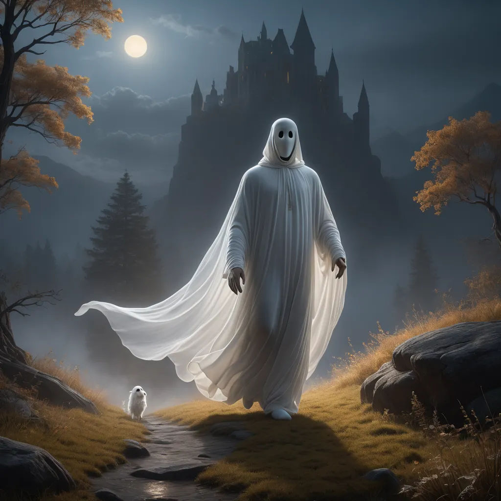 a ghost is walking down a path in a field with a dog in front of him and a castle in the background, fantasy art, a matte painting, Christophe Vacher, dark fantasy art