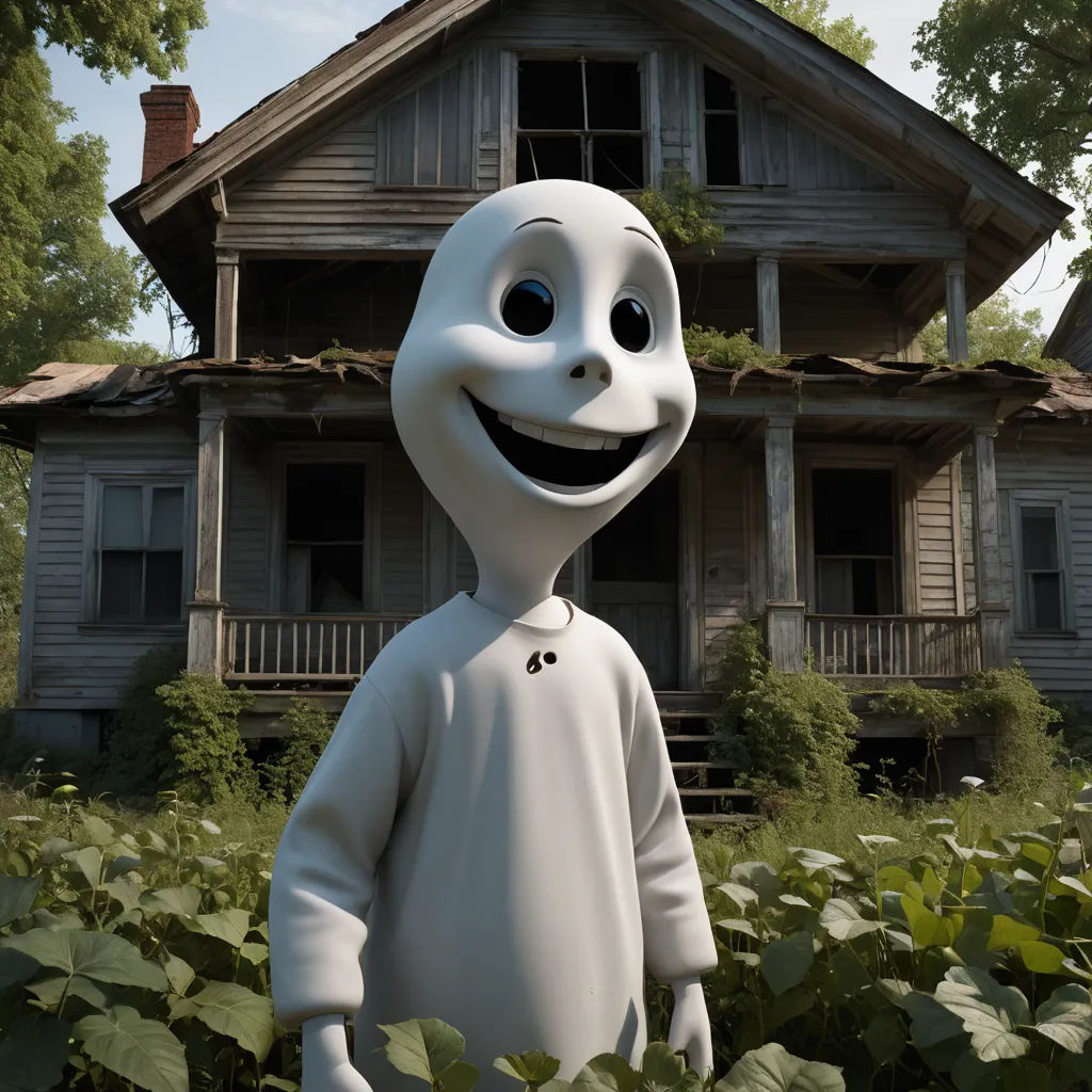 a cartoon character standing in front of a house with a creepy face and a creepy smile on his face, photorealism, an ambient occlusion render, Chris LaBrooy, unreal engine 5 quality render