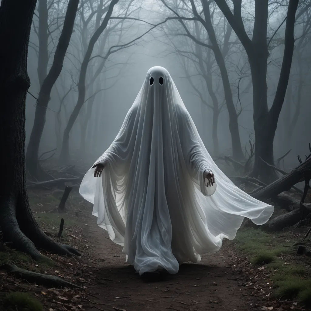 a ghost is walking through a dark forest with fog on the trees and grass on the ground, with a ghostly figure in the middle of the scene, gothic art, a character portrait, Dirk Crabeth, haunting
