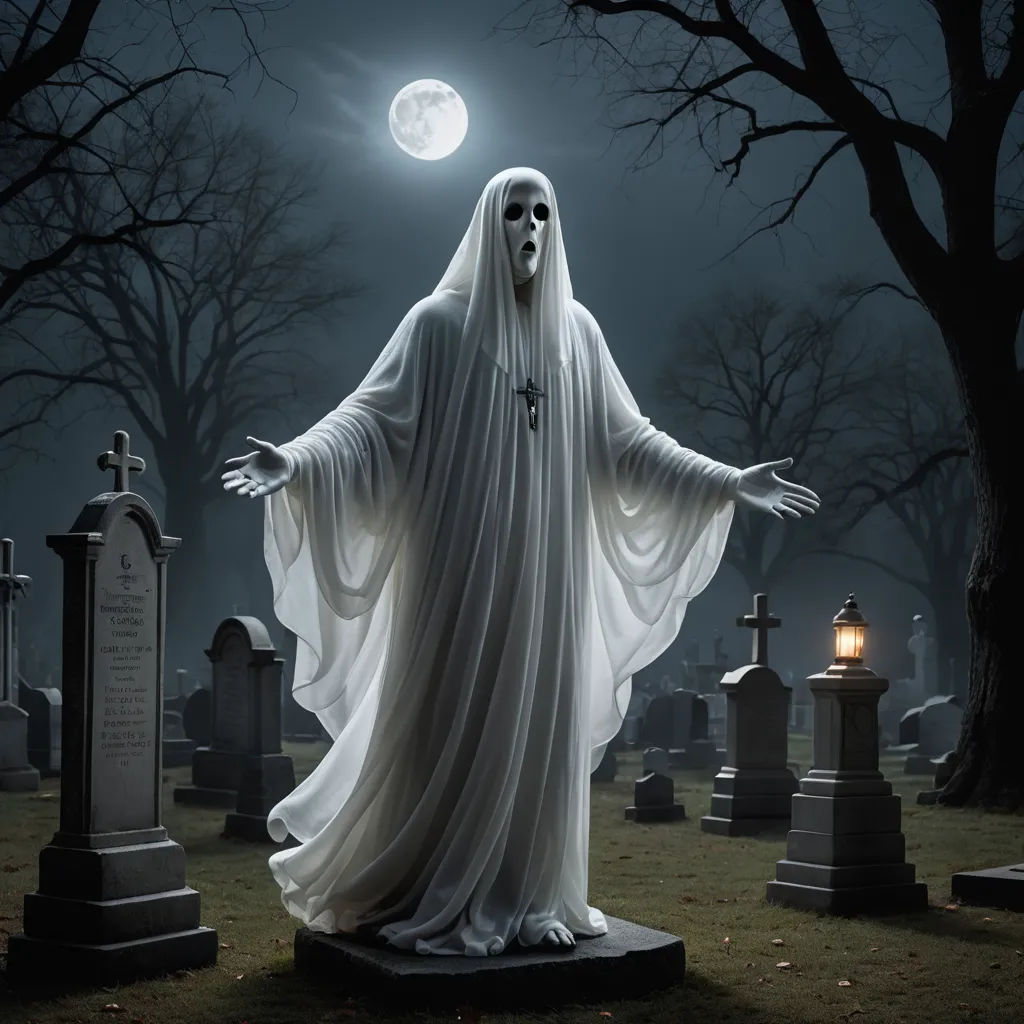 a ghost standing in a cemetery with a full moon in the background and a cemetery with tombstones and trees, gothic art, a character portrait, Dirk Crabeth, haunting